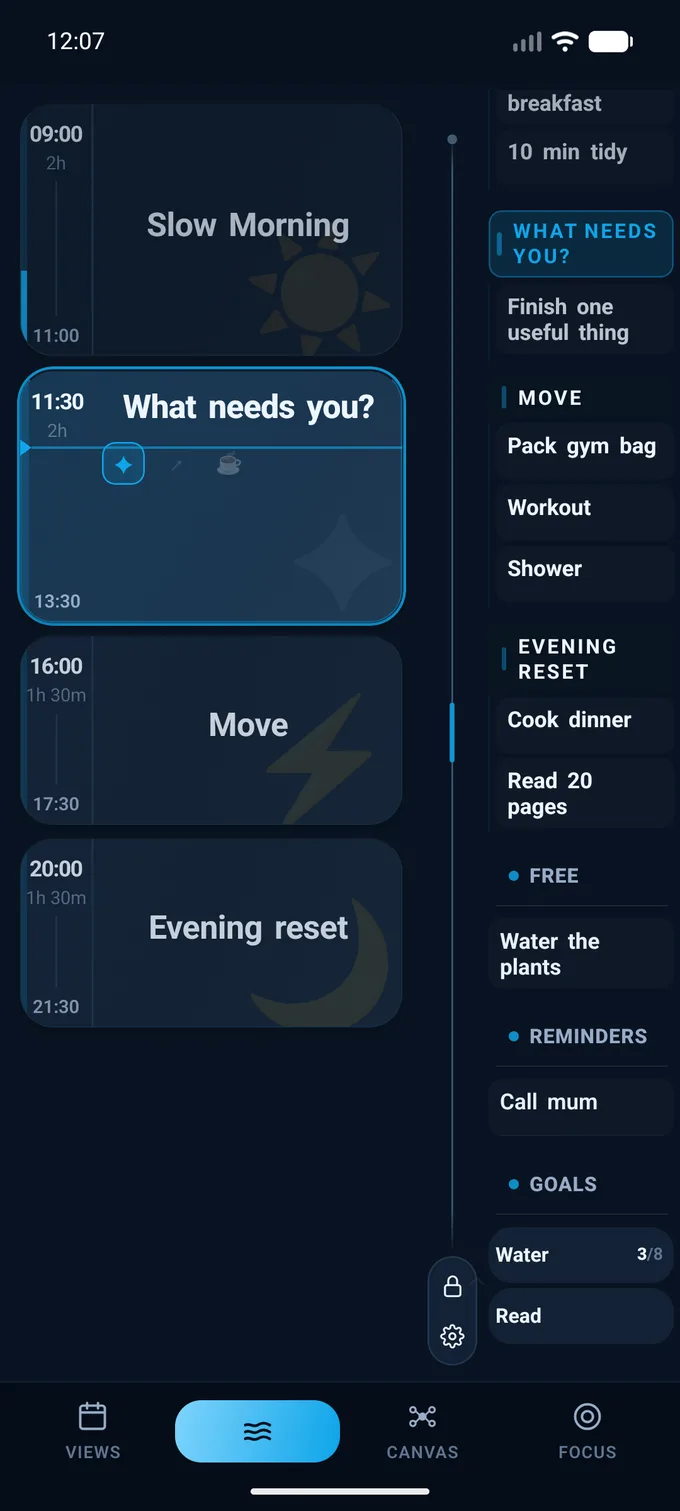 A planned day in Kronoflow with four blocks