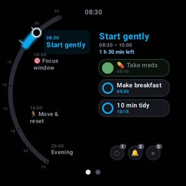 Kronoflow on a Wear OS watch showing the current block and its tasks